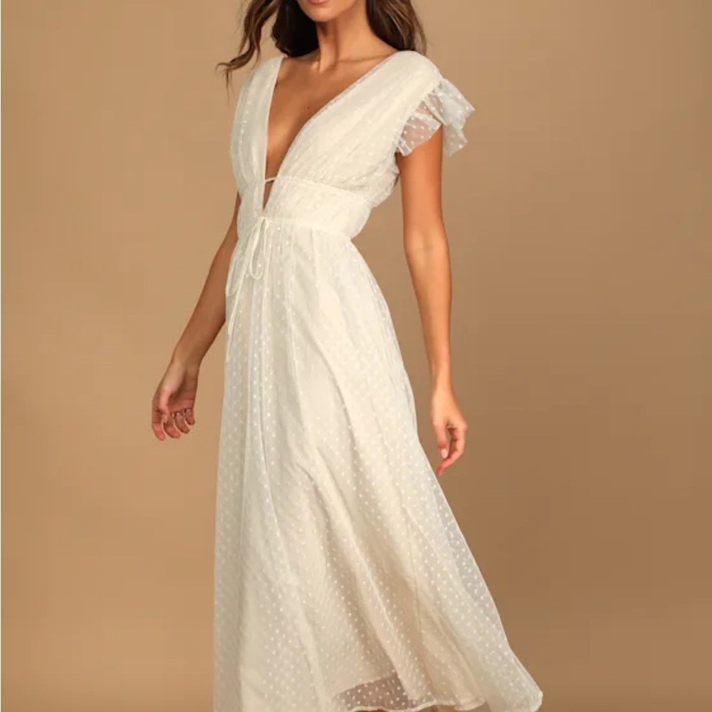 Yours Evermore Cream Swiss Dot Ruffled Midi Dress
